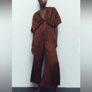 ZARA Wrinkled Satin Effect Pleated Wide Leg  Jumpsuit, size M